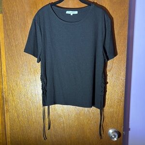 Black Lace-Up Sides Short Sleeve Top